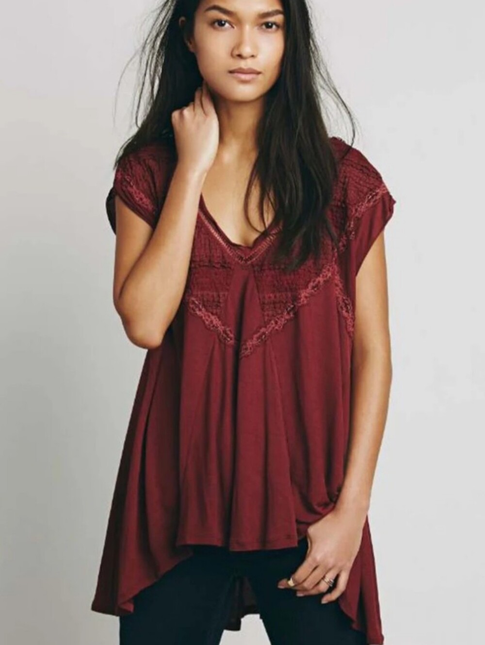 FREE PEOPLE ABIGAIL OVERSIZED LACE DETAIL SWING TOP BLOUSE BURGANDY SIZE S EUC